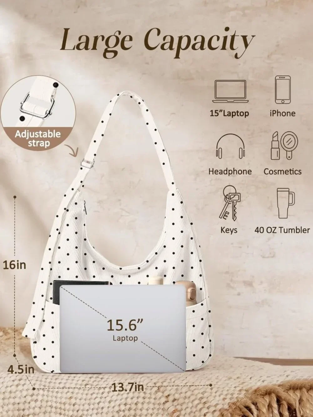 Large Slouchy Corduroy Hobo Bag for Women - Stylish Crossbody Tote with Zipper